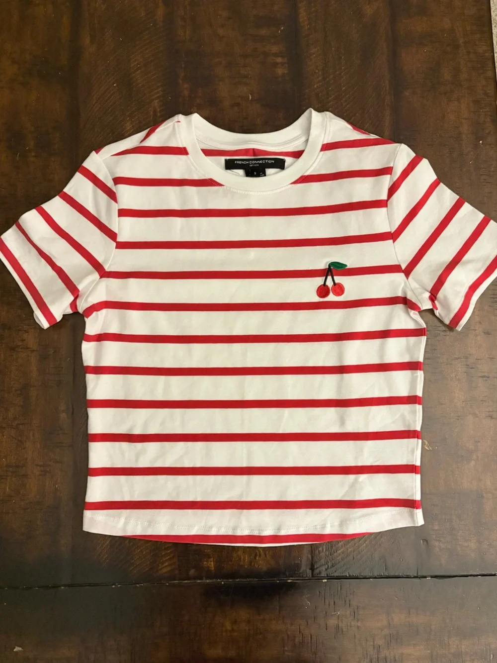 French Connection Red and White Striped Shirt with Cherry Accent, Small